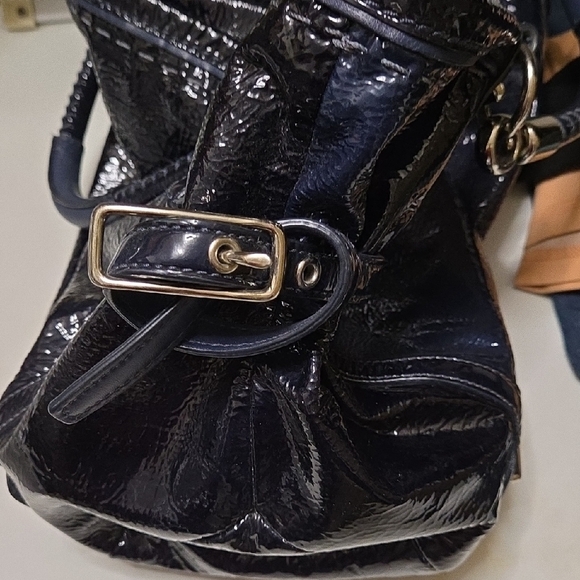 Coach Navy Blue Patent Leather Shoulder Bag with Textured Finish And Silver Acc. - Picture 6 of 10
